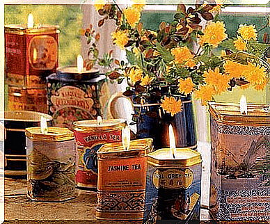 Candles in tin cans.