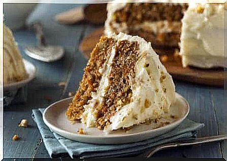 A portion of carrot cake.